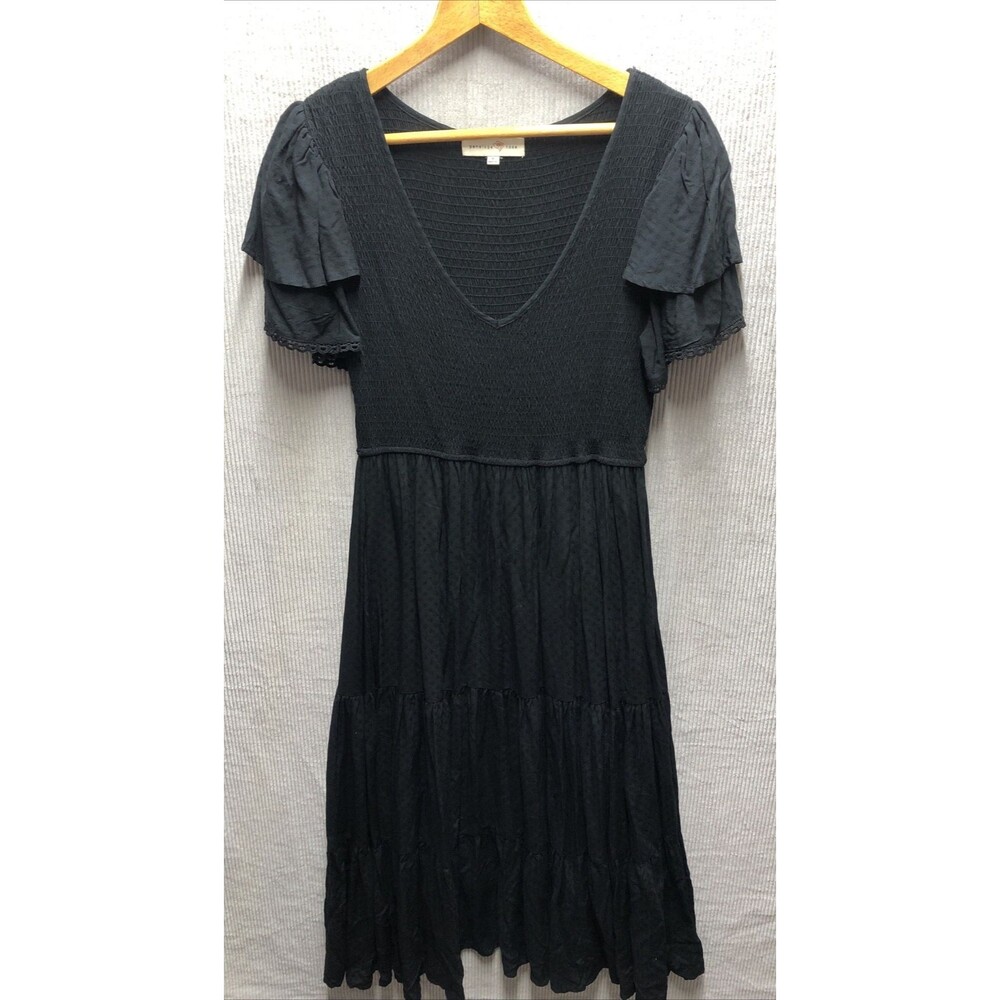 Penelope Rose Maxi Dress Size M Black V Neck Smocked Cottage Core Tulip Sleeve